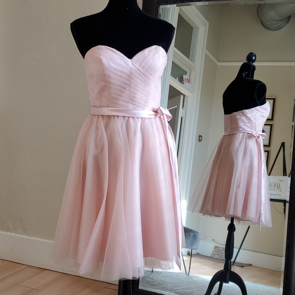 Blush pink short Mori Lee strapless tulle flare